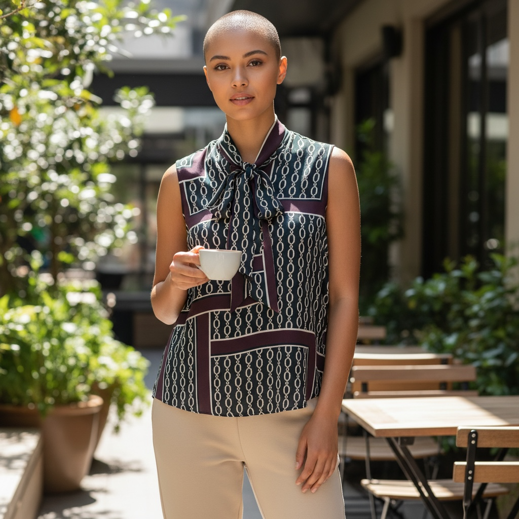 Ann Taylor Chain Print Tie-Neck Sleeveless Blouse – XS