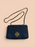 Authentic Tory Burch Navy Blue Leather Crossbody Bag with Gold Chain – Gently Used