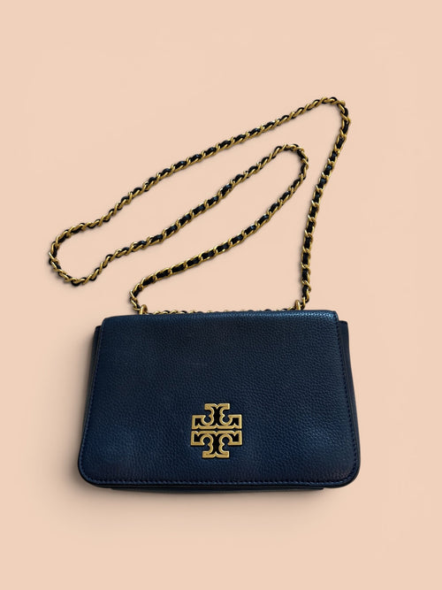 Authentic Tory Burch Navy Blue Leather Crossbody Bag with Gold Chain – Gently Used